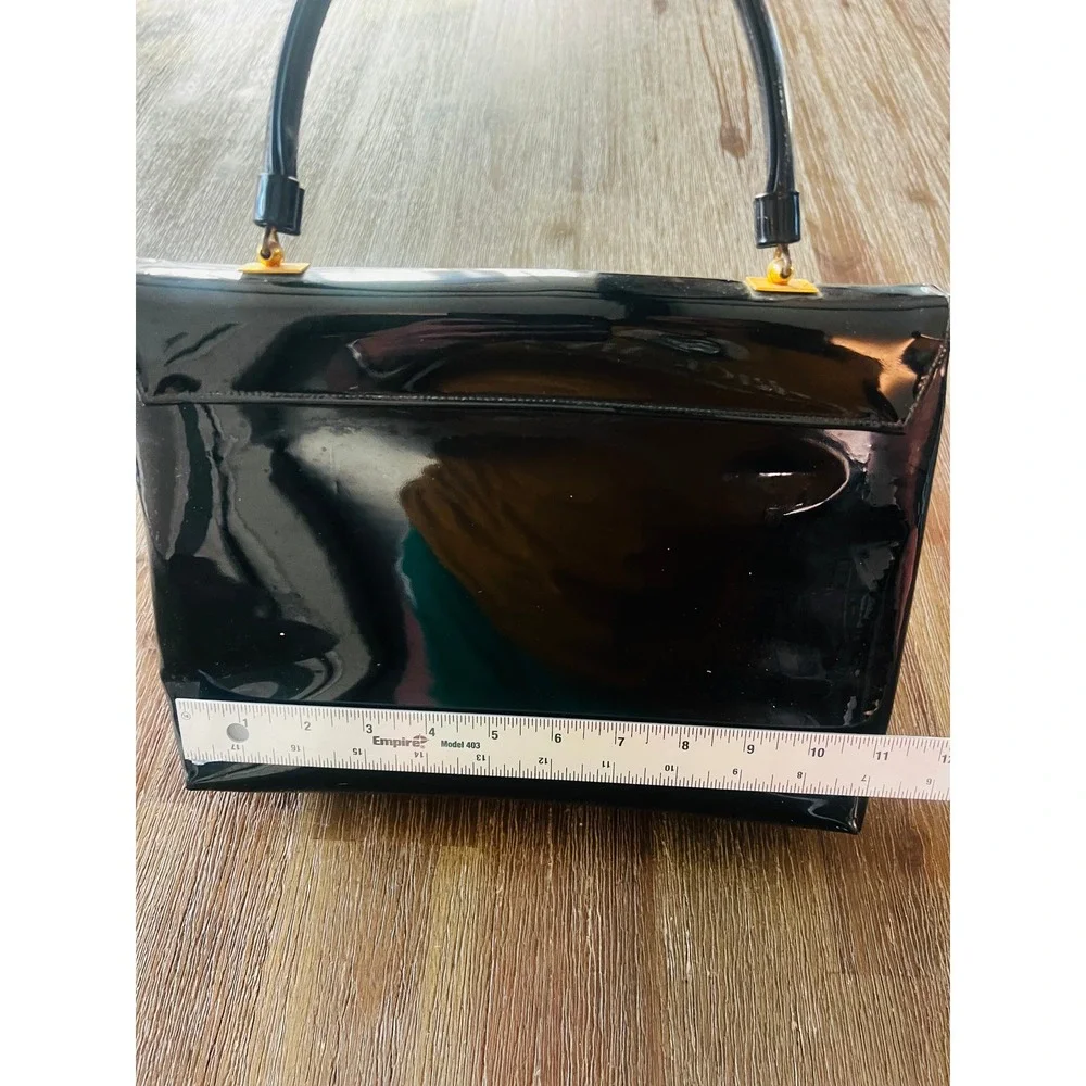 Vintage Lewis Black Patent Leather Handbag Structured Top Handle Gold Hardware